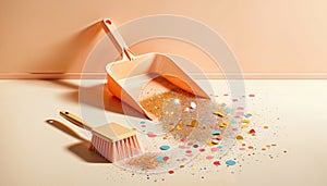 Peach color Dustpan with Colorful Confetti on Floor. Mess and Cleaning after New Year Party