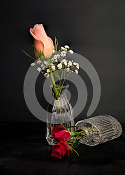 Peach colored rose bud in petite glass vase.