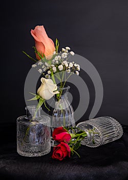 Peach colored rose bud in petite glass vase.