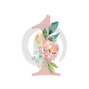 Peach Cream Blush Floral Number - digit 1 with flowers bouquet composition