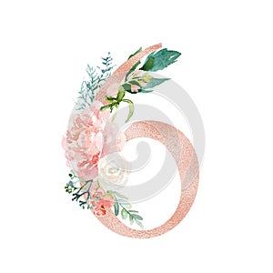 Peach Cream Blush Floral Number - digit 6 with flowers bouquet composition