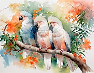 Peach Crested Cockatoos in Jungle Harmony, AI Generation