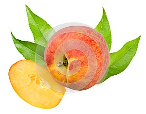 peach fruit with green leaf and slice isolated on white background