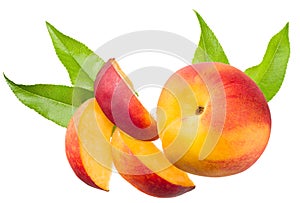 peach fruit with green leaf and slice isolated on white background