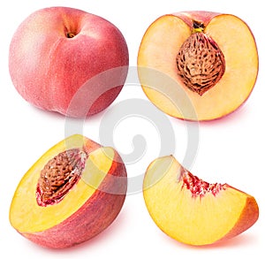 Peach fruit sliced collection isolated on white background