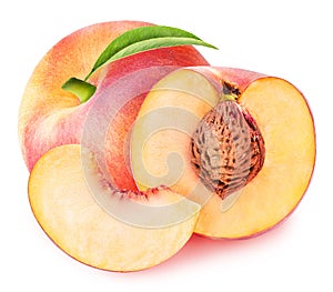 Peach fruit sliced collection isolated on white background