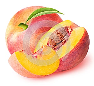 Peach fruit sliced collection isolated on white background