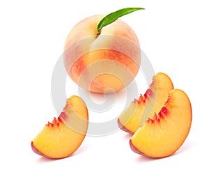 Peach fruits with leaf isolated on white background
