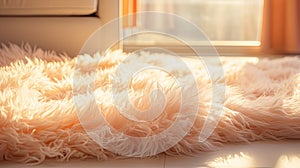 Peach fuzz area rug in sunlit living room space, close up