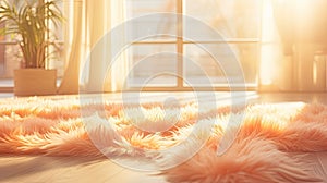 Peach fuzz area rug in sunlit living room space, close up