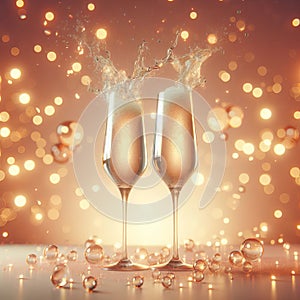 Peach fuzz Color 2024. Two champagne glasses on shiny bokeh lights background