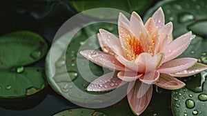 Peach fuzz color tones accentuate a beautiful water lily in the rain, providing free copy space