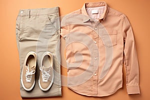 Peach Fuzz Cotton Shirt, Khaki Pants, and Casual Shoes Arranged on a Warm Background