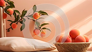 Peach fuzz interior background with still life with peaches. Cozy home scene with fruit-laden branches indoors, bathed in golden