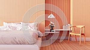 Peach Fuzz Orange wall color bedroom interior 2024 - 3D rendering