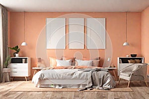 Peach Fuzz Orange wall color bedroom interior 2024 - 3D rendering