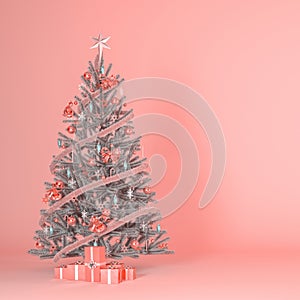 Peach fuzz pastel color Christmas tree concept background 3d render.