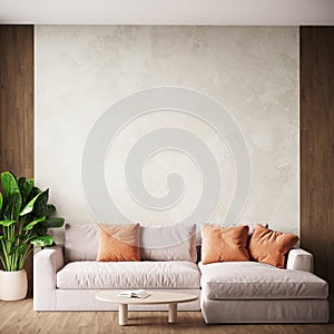 Peach fuzz trend color year 2024 in the premium livingroom. Microcement mockup