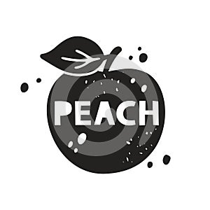 Peach grunge sticker. Black texture silhouette with lettering inside. Imitation of stamp, print with scuffs