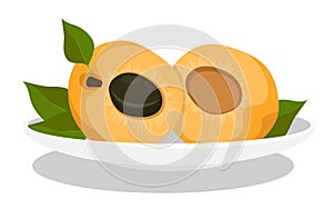 Peach halves on saucer. Summer fruits on table. Cartoon vector isolated on white background
