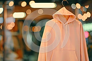 Peach hoodie with shop on background