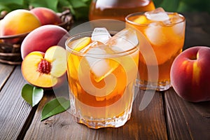 peach ice tea on a wooden table with fresh peaches