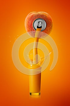 Peach juice is pouring from a peach into a glass with many splashes on an orange background