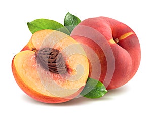 Peach with leaves and half piece isolated on white background