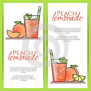 Peach lemonade with fruit slices, ice and meant in glass with straw, cut lemon and peach. Set of vertical banners.