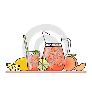 Peach lemonade with fruit slices, ice and meant in jug and glass with straw, cut lemon and peach.