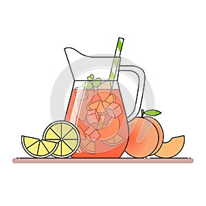 Peach lemonade with fruit slices, ice and meant in jug with straw, cut lemon and peach. Isolated on white background.