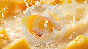 Peach and mango blend into milk, yogurt, sour cream, creating a refreshing splash, Ai Generated