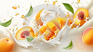 Peach and mango blend into milk, yogurt, sour cream, creating a refreshing splash, Ai Generated