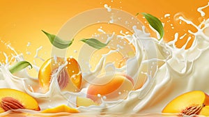 Peach and mango blend into milk, yogurt, sour cream, creating a refreshing splash, Ai Generated