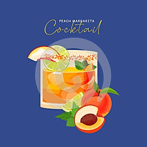 Peach margarita cocktail vector illustration on blue background. Summer alcohol drink