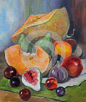 Peach, melon, figs and cherries still life oil painting