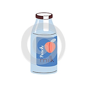 Peach milk, fresh infused drink in glass jar. Bottle of fruit flavored beverage, sweet healthy refreshment. Aromatic