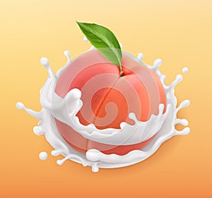 Peach and milk splash. Fruit and yogurt. 3d vector icon