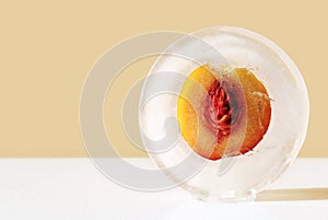 Peach, nectarine in round ice with cracks. Poster, banner with copy space. Concept of shock freezing of fruits, frozen food.
