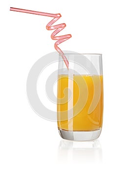 Peach or orange fruit juice in a glass with drinking straw isolated on white background