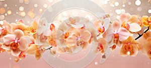 Peach orchids bouquet on light peach background with glitter and bokeh. Banner with copy space. Perfect for poster