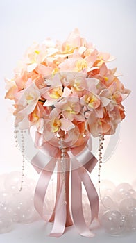 Peach orchids bouquet with ribbon bow on light background. Perfect for poster, greeting card, event invitation