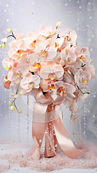 Peach orchids bouquet with ribbon bow on light background. Perfect for poster, greeting card, event invitation