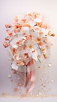Peach orchids bouquet with ribbon bow on light background. Perfect for poster, greeting card, event invitation