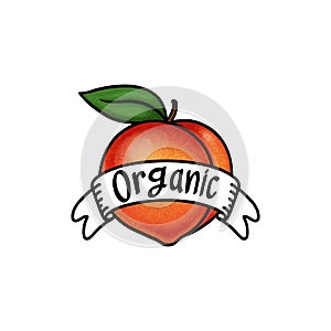 Peach with organic food banner illustration on white background