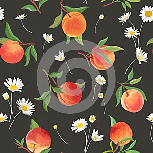 Peach pattern with daisy, tropic fruits, leaves, flowers background. seamless texture illustration in watercolor style