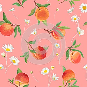 Peach pattern with daisy, tropic fruits, leaves, flowers background. seamless texture illustration in watercolor style