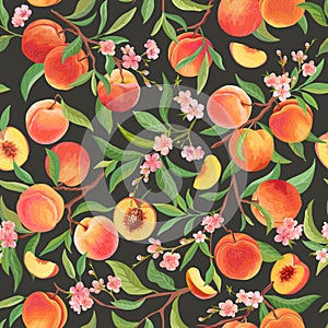 Peach pattern with tropic fruits, leaves, flowers background. seamless texture illustration in watercolor style photo