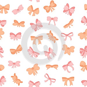 Peach and pink bow ribbon seamless pattern. Decoration for girls, hair care.
