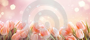 Peach pink tulips bouquet on light background with bokeh. Banner with copy space. Ideal for poster, greeting card, event